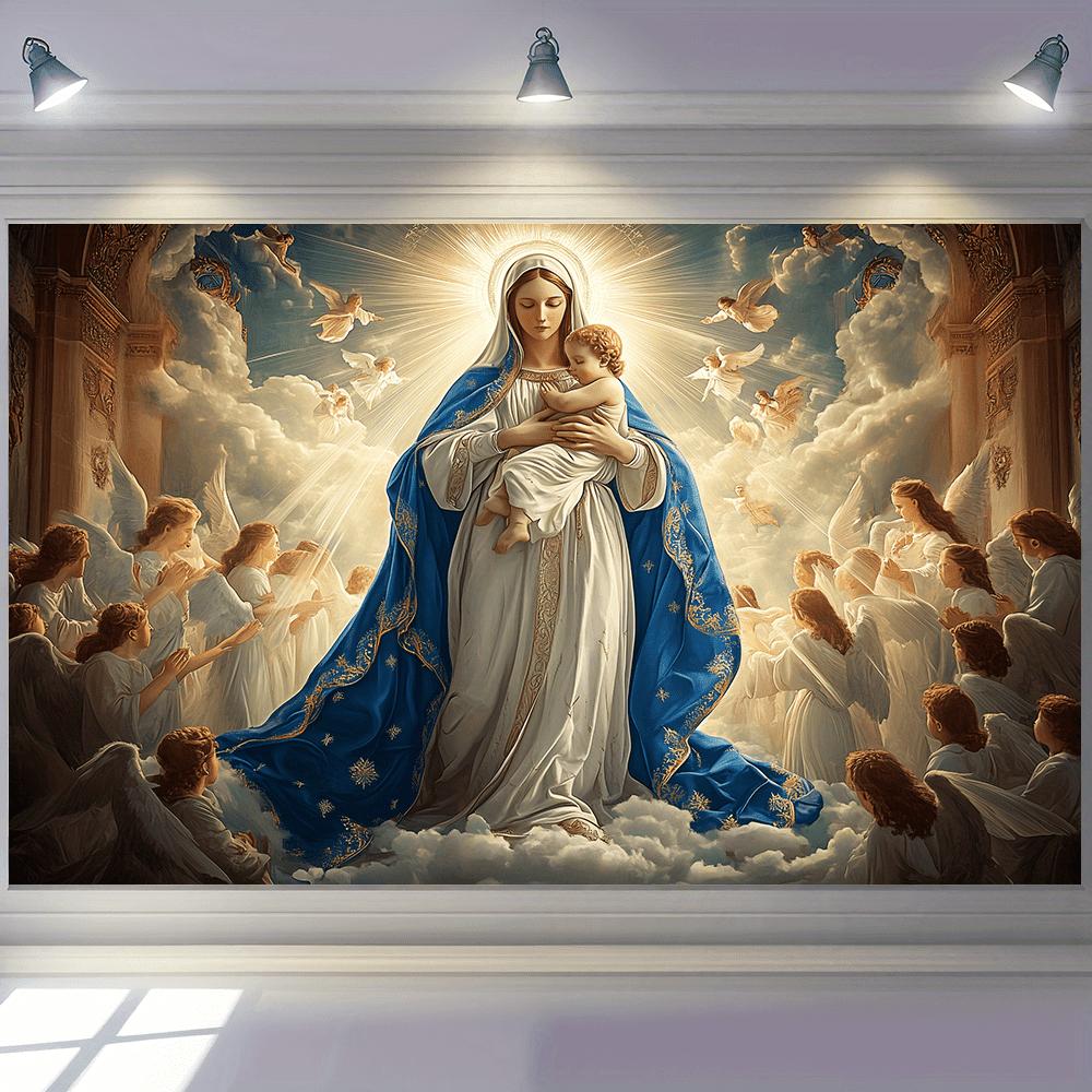 Virgin Mary Tapestry, Mother and Child with Angels In Heaven, Religious Christian Wall Art for Living Room Bedroom Decor