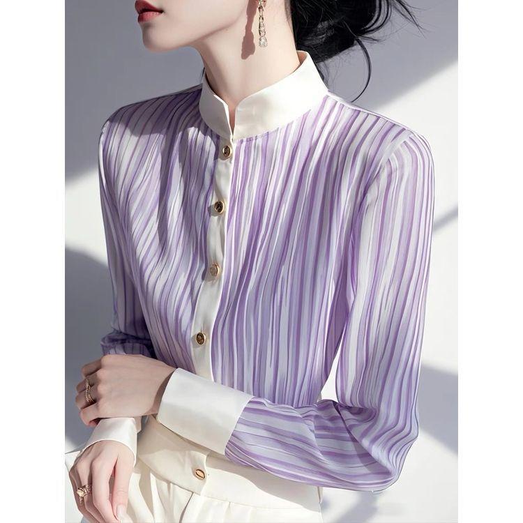 Women's Striped Shirt with French Standing Collar Women's Spring Shirt