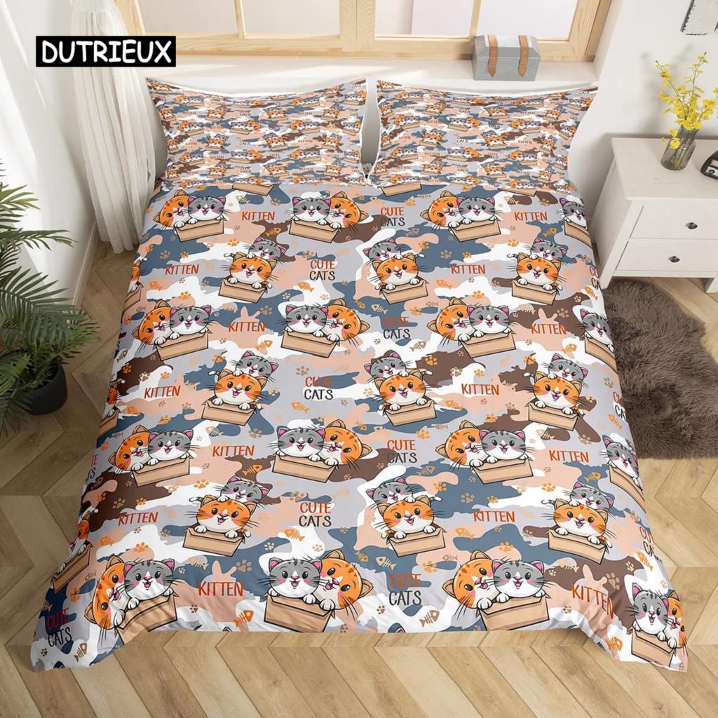 Cartoon Cat Duvet Cover Set for Kids Girl Microfiber Kitten 2/3pcs Cartoon Animal Bedding Set Single Twin Queen King Quilt Cover