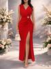 2026 Elegant V-neck Side Slit Pleated Evening Gown with Waist Detail