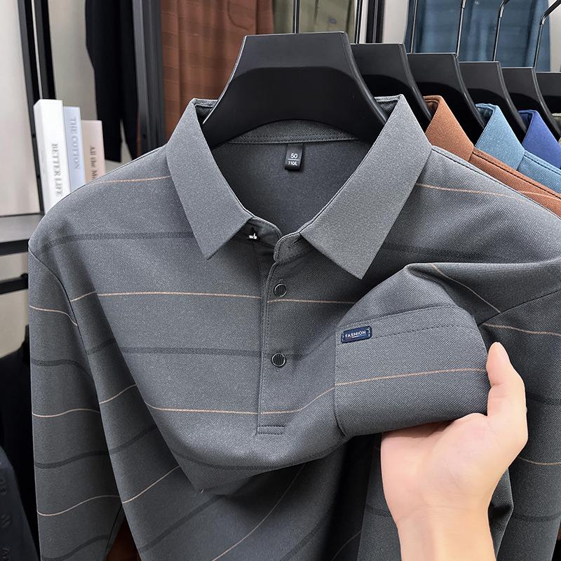 

2025 Long Sleeved Men S Spring And Autumn Collar Striped Pullover Top With Loose Pockets Polo Shirt M