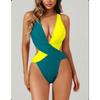 New One-piece Swimsuit Splicing Bikini European and American Swimsuit Women's Cross Swimsuit Color Matching Bikini64