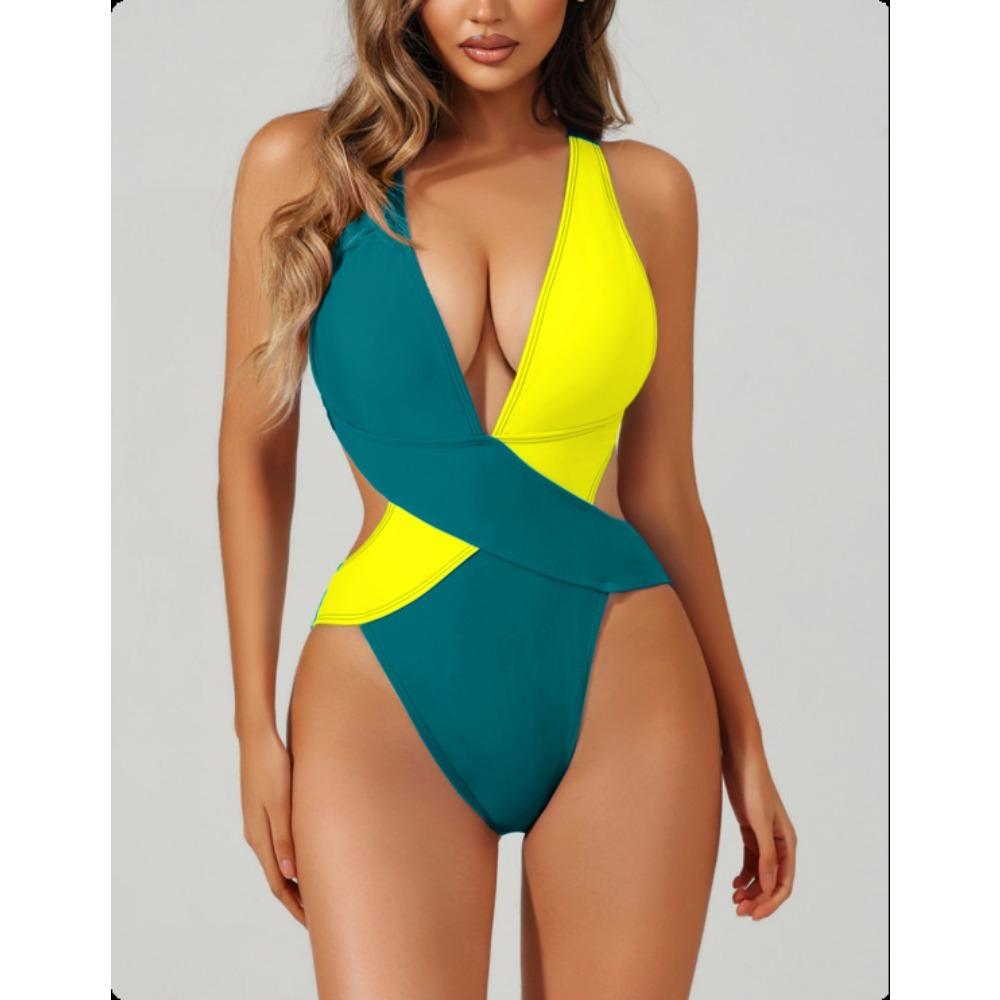 New One-piece Swimsuit Splicing Bikini European and American Swimsuit Women's Cross Swimsuit Color Matching Bikini64