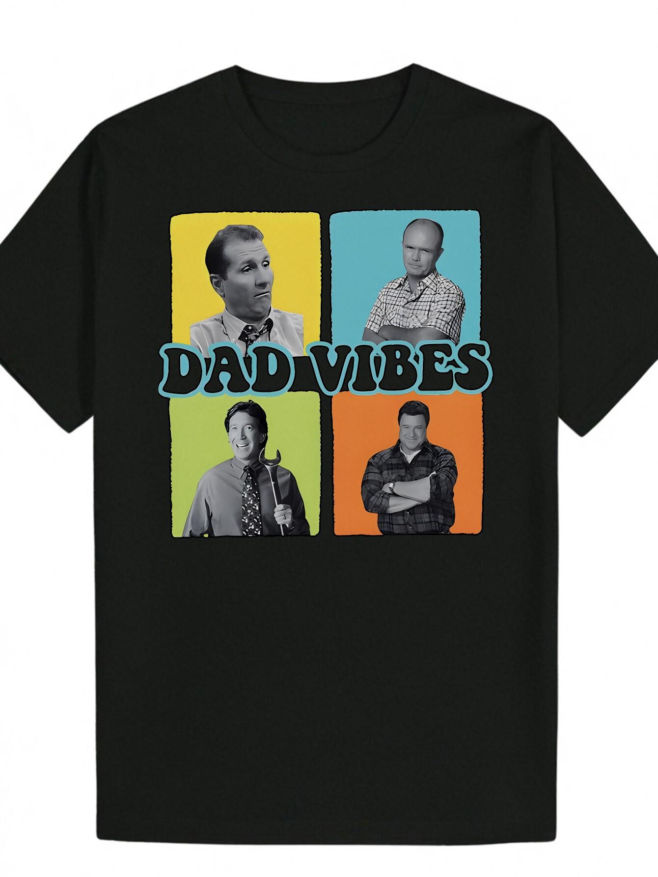 

Dad Vibes Graphic T-shirt - Casual Polyester Crew Neck Tee with Colorful Portrait Design M