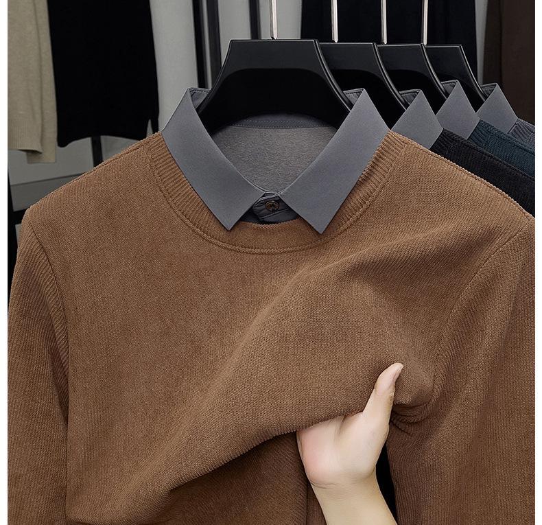 Men's Winter 2025 Faux Two-Piece Fleece-Lined Sweatshirt, Solid Color, Turn-Down Collar, Thick and Warm Long-Sleeve.
