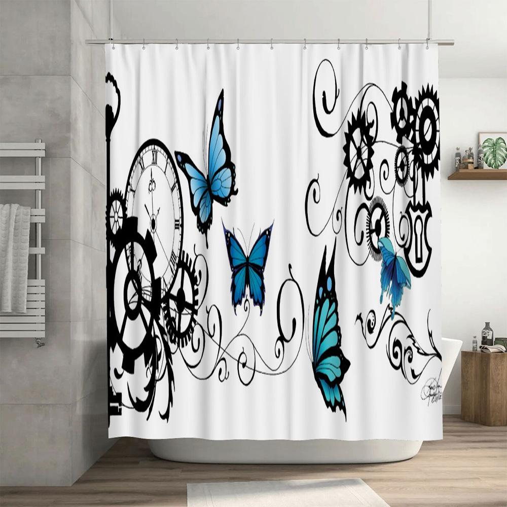 Blue Butterfly Gear Clock Shower Curtain Waterproof Decorative Home Bath Tub Rug