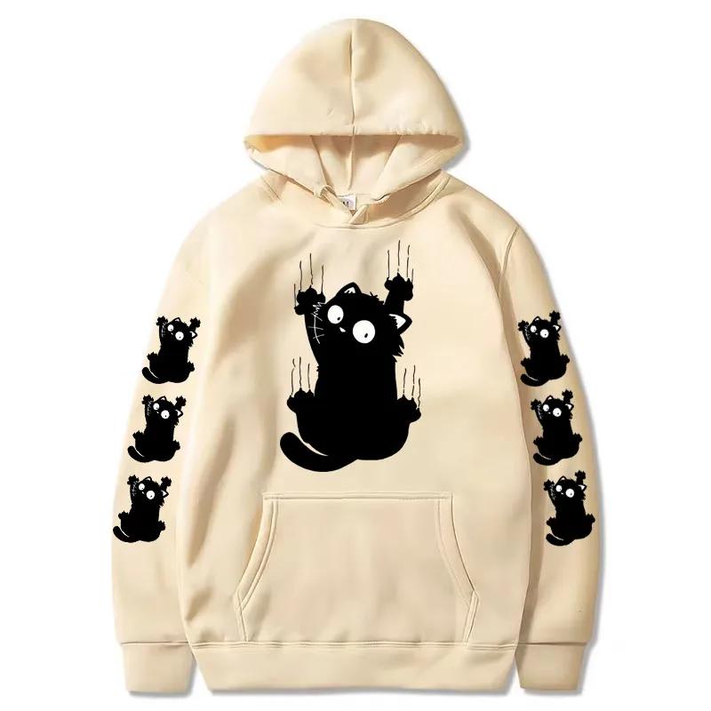 Autumn Winter Women Funny Cat Print Hoodie Casual Drawstring Hooded Long Sleeve Pocket Sweatshirt Cat Women's Clothing