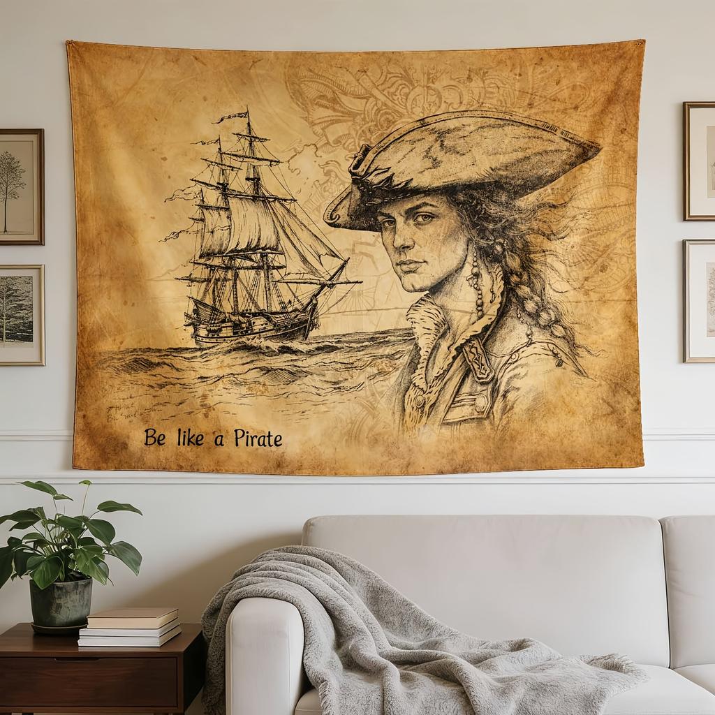 A Stylish Tapestry, Vintage Pirate Illustration, Stylized Seascape, Bold Lettering., Perfect for Sprucing Up Wall Decor in Homes, Dorms And Bedrooms