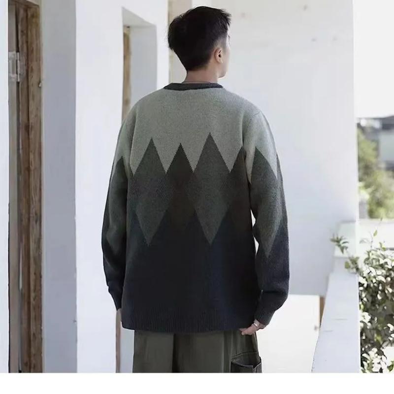 Neuer Herren Dick Bedruckter Rundhals Pullover Herbst Winter Lässig Locker Color-Blocking Fauler Stil Oberteil