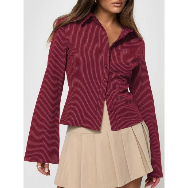 Mode Chemise Rayée Coupe Ajustée pour Femme Manches Longues Blouse Élégante Col de Chemise Bureau Décontracté Hauts Courts Simples Simples Printemps Été Streetwear Vêtements de Base