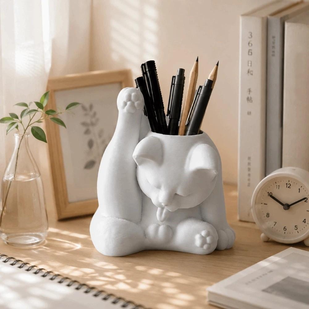 Funny Makeup Brush Holder 3D Printed Desk Storage Box Licking Paw Cat Statue Stationery Storage