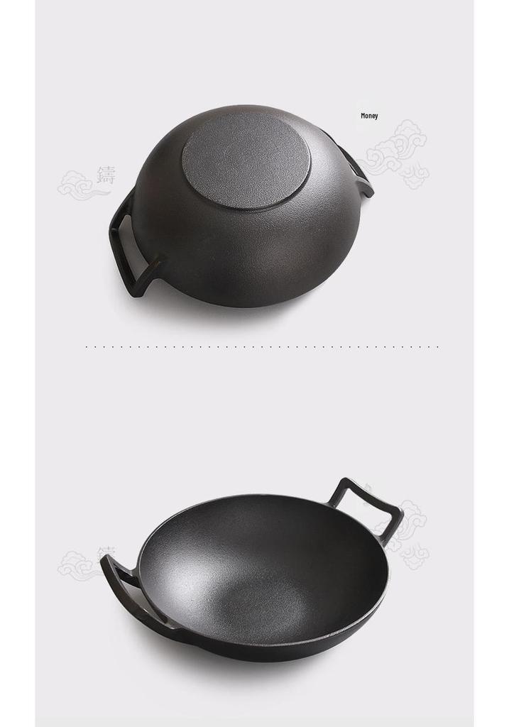 Thickened Cast Iron Double-Handle Wok – No Coating, Flat-Bottom Stew Pot, Healthy Kitchenware, Old-Fashioned Iron Design.