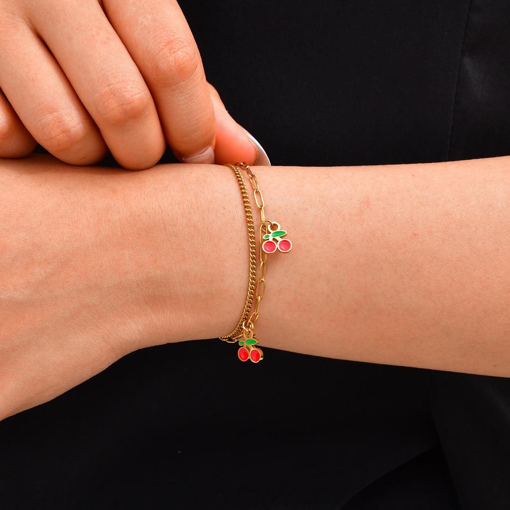 Wind Design Girl Sweet Stainless Steel Double Strawberry Cherry Bracelet, Jewelry Br-2577