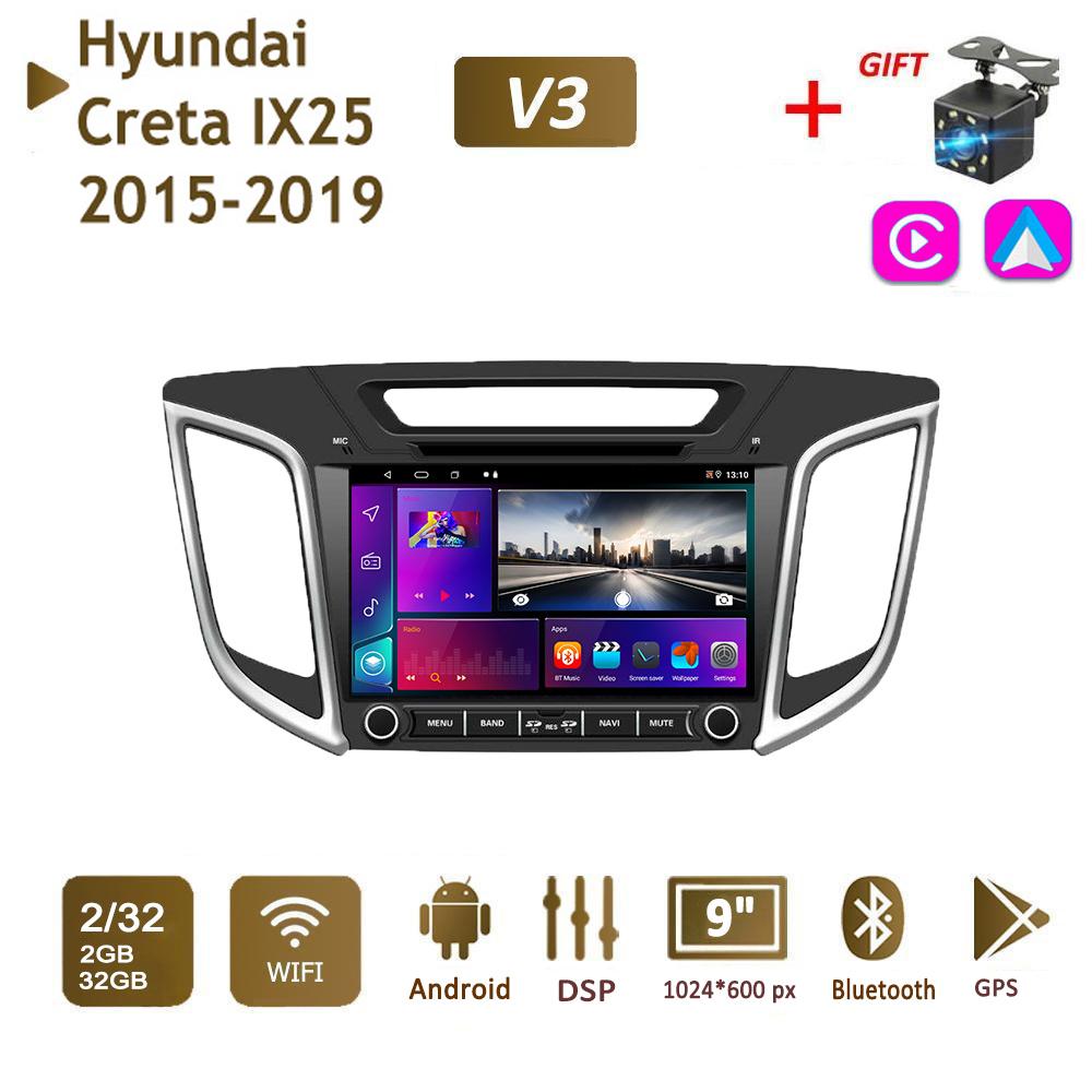 

9-дюймовый автомобильный радиоприемник 2 + 32 ГБ для Hyundai Creta IX25 2015-2019 WIFI 2 DIN-Android Auto-Carplay-Gps