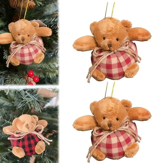 2Pcs Mini Plaid Bear Ornaments Christmas Tree Hanging Decor Cute Bear Keychain Festive Xmas Stocking Stuffer Gifts