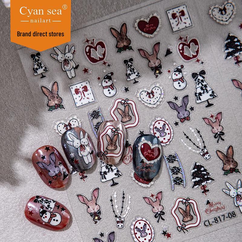 Cyansea Seasonal Nail Art Stickers for Autumn/Winter: Rabbit, Snowman & Christmas Tree Designs