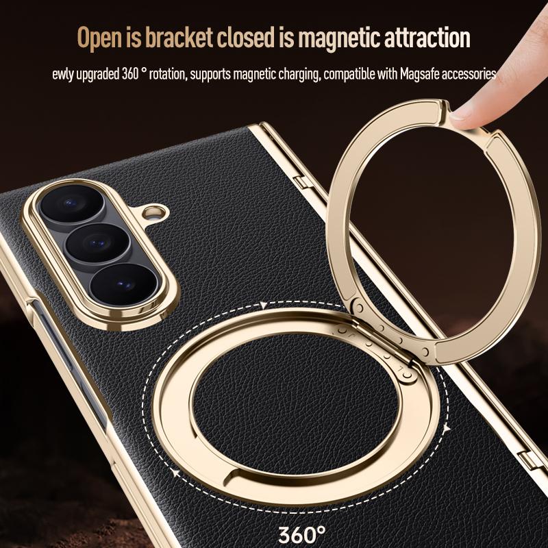 For Samsung Galaxy Z Fold 7 Leather 360° Swivel Bracket Magnetic Tempered Glass Front Membrane Anti-Drop Fingerprint Phone Case