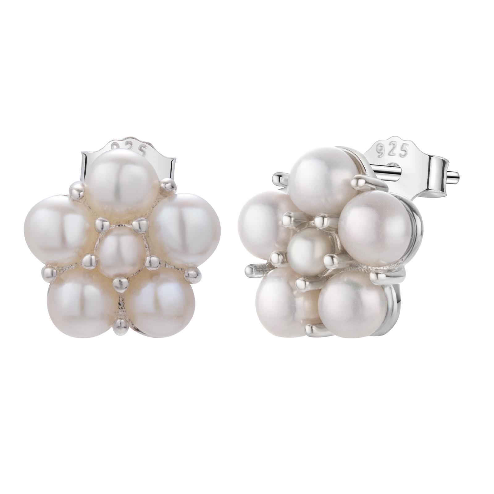 

925 Silver Freshwater Pearl Flower Cluster Stud Earrings - Elegant Women s Jewelry, Perfect Birthday Gift.