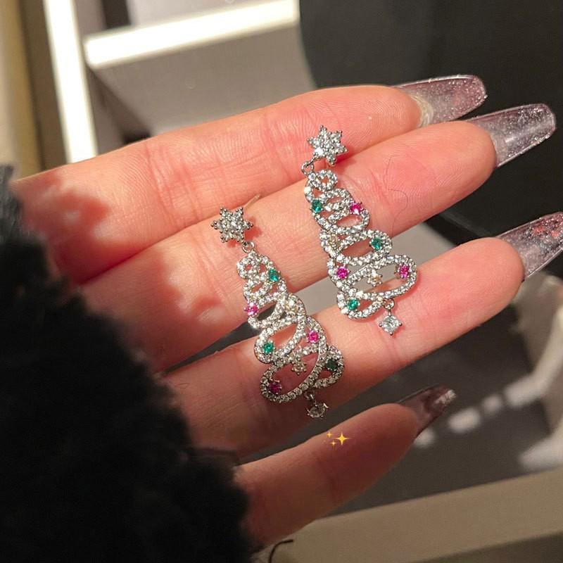 Rotatable Christmas Tree Zircon Stud Earrings, Sterling Silver, Light Luxury Design for Women
