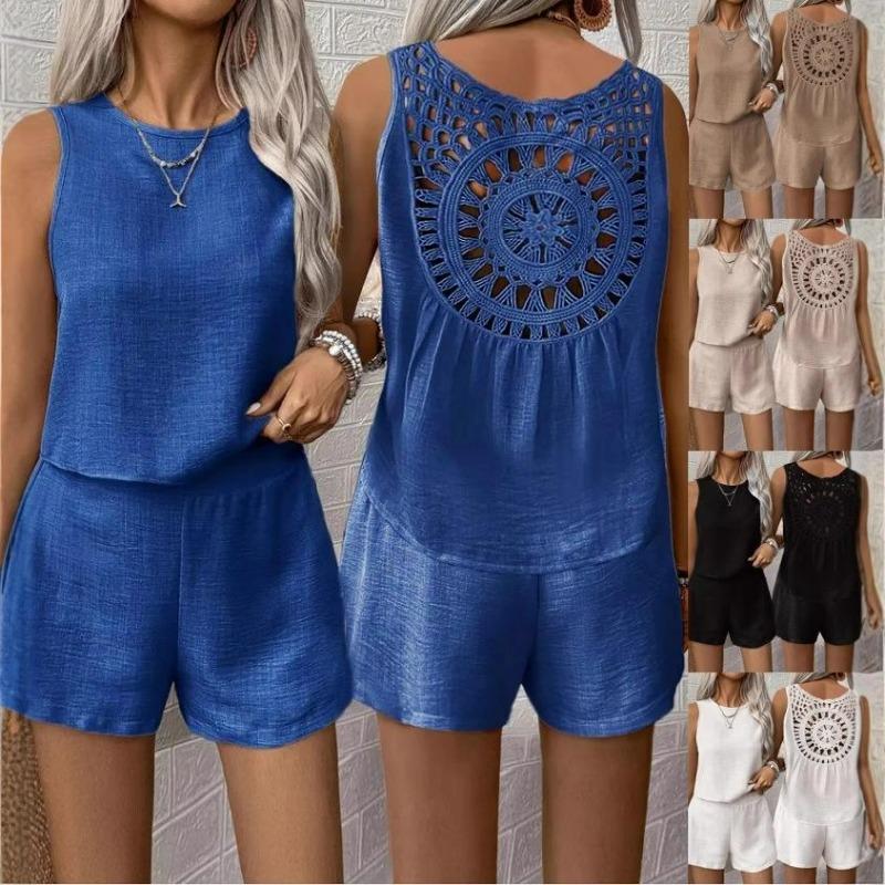 Women's Sleeveless Lace Panel Top and Shorts Two-Piece Summer Set