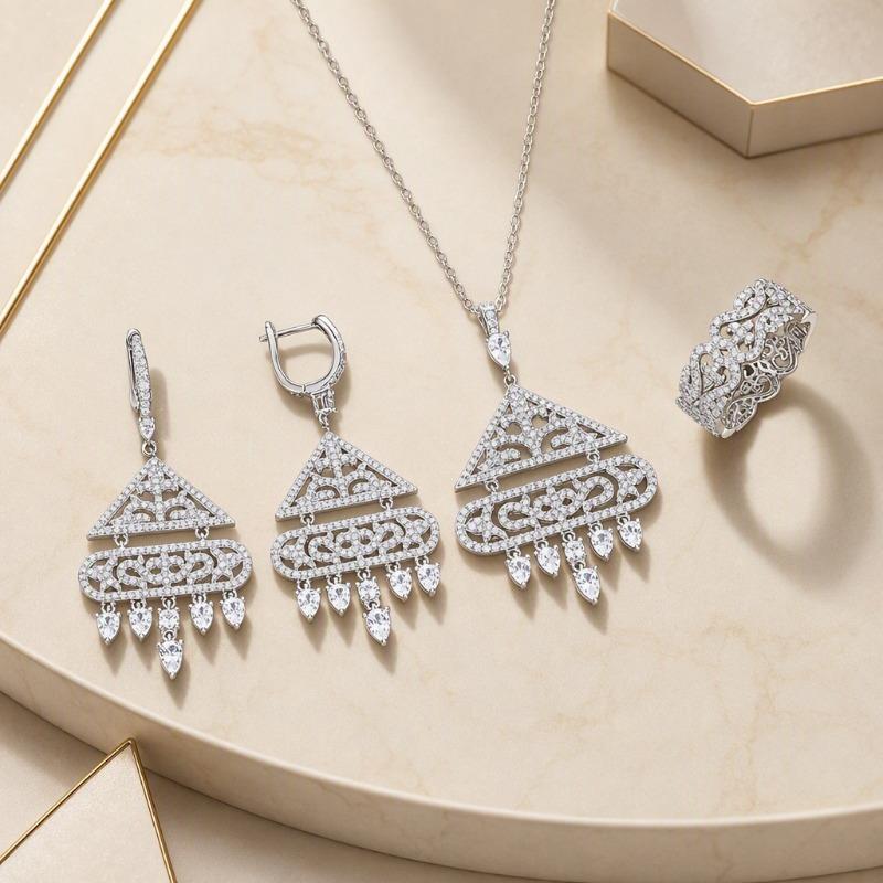 S silver, retro triangular zirconium set, hollowed-out water drop fringed earrings, collarbone chain, women's silver jewelry supply