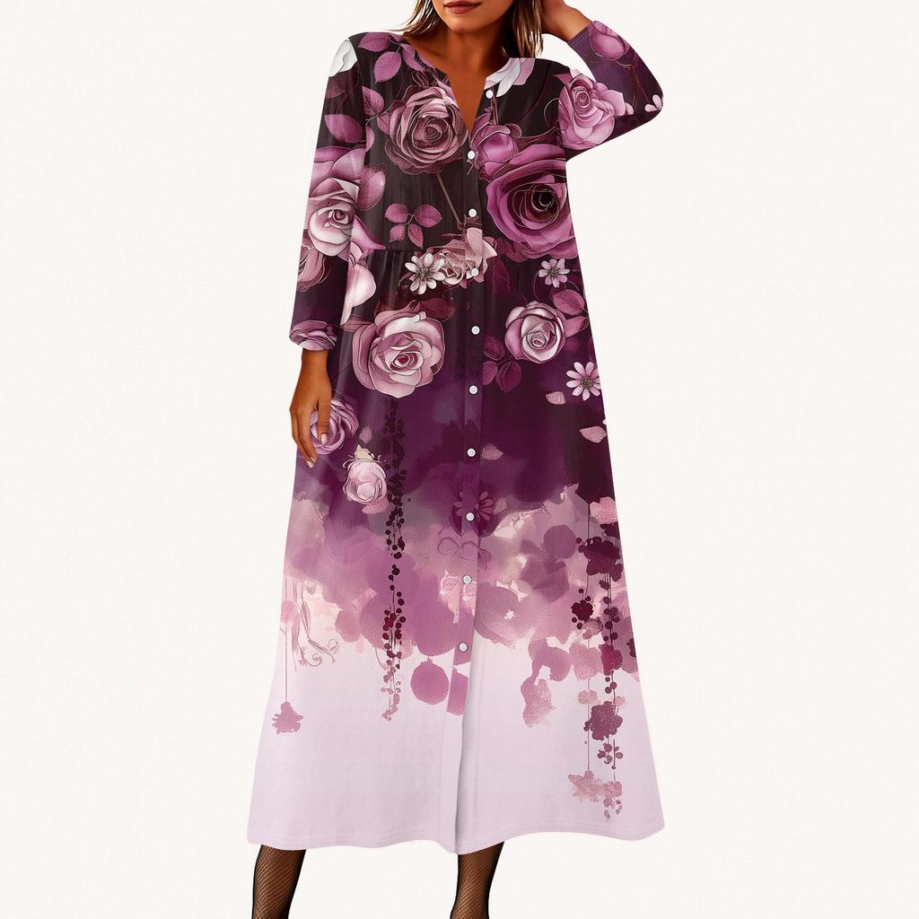 Women's Fashionable Printed Round Neck Seven Quarter Sleeve Button Loose Shirt Dress