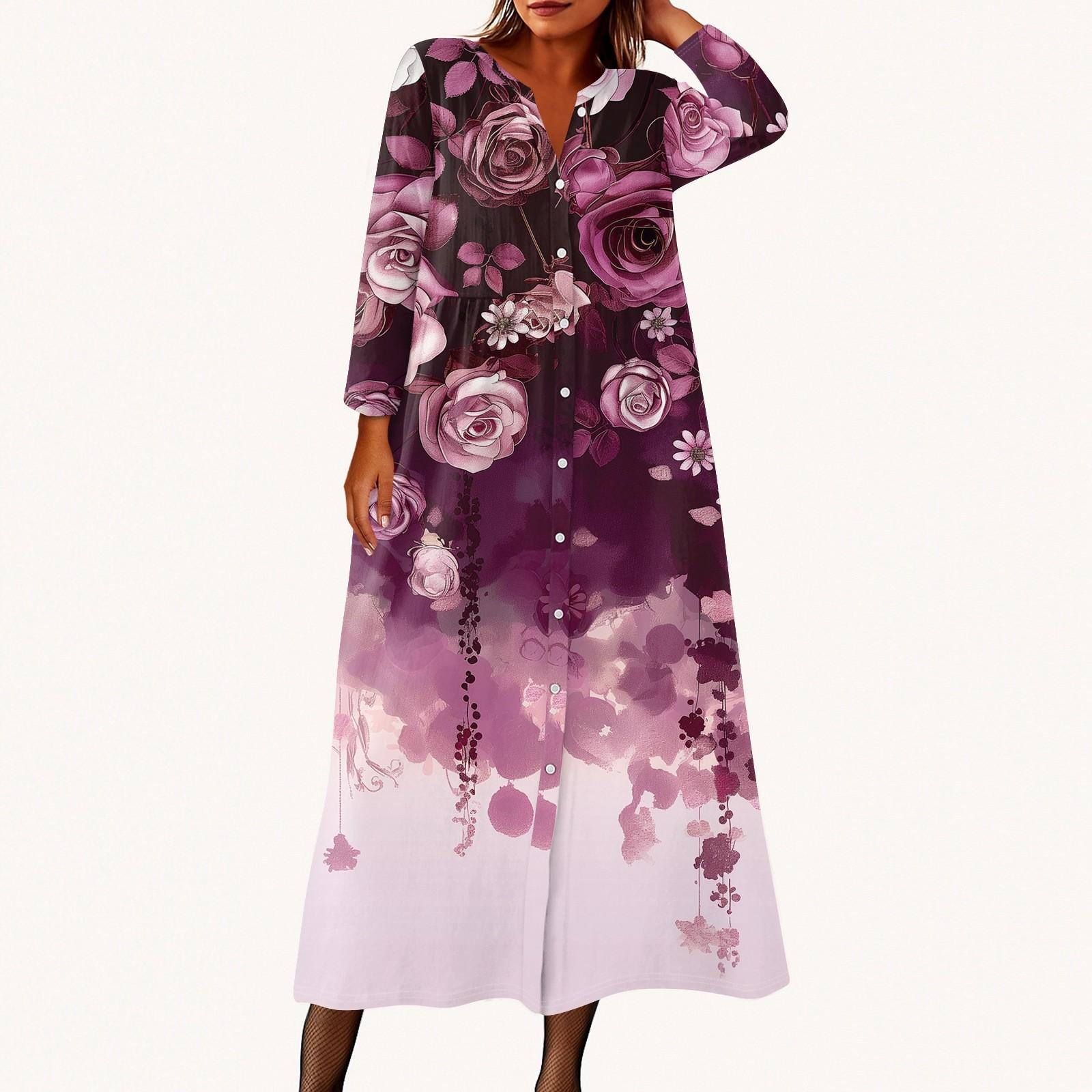 

Women s Fashionable Printed Round Neck Seven Quarter Sleeve Button Loose Shirt Dress XL фіолетовий