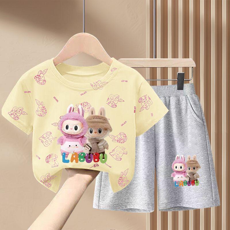 

Комплект з чистої бавовни з коротким рукавом для дівчаток Labubu Літній дитячий модний комплект-двійка 150