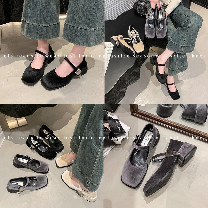 Mary Jane shoes women's thick heel grandma shoes early spring and autumn new square head velvet high heels one-word single shoes