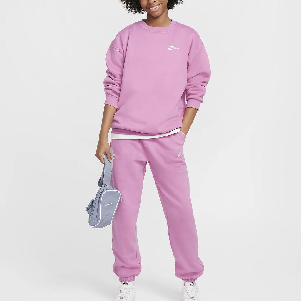 Nike Sportbekleidung Club Fleece Bequem Einfarbig Bestickt Rundhalsausschnitt Langarm Magic Flamingo Jugend Kinder Oberteile FD2923646