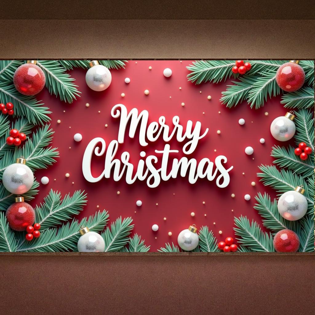 Festive Display Glossy Baubles Christmas Display Merry Christmas Banner Green Foliage Xmas Backdrop For Christmas Party Office