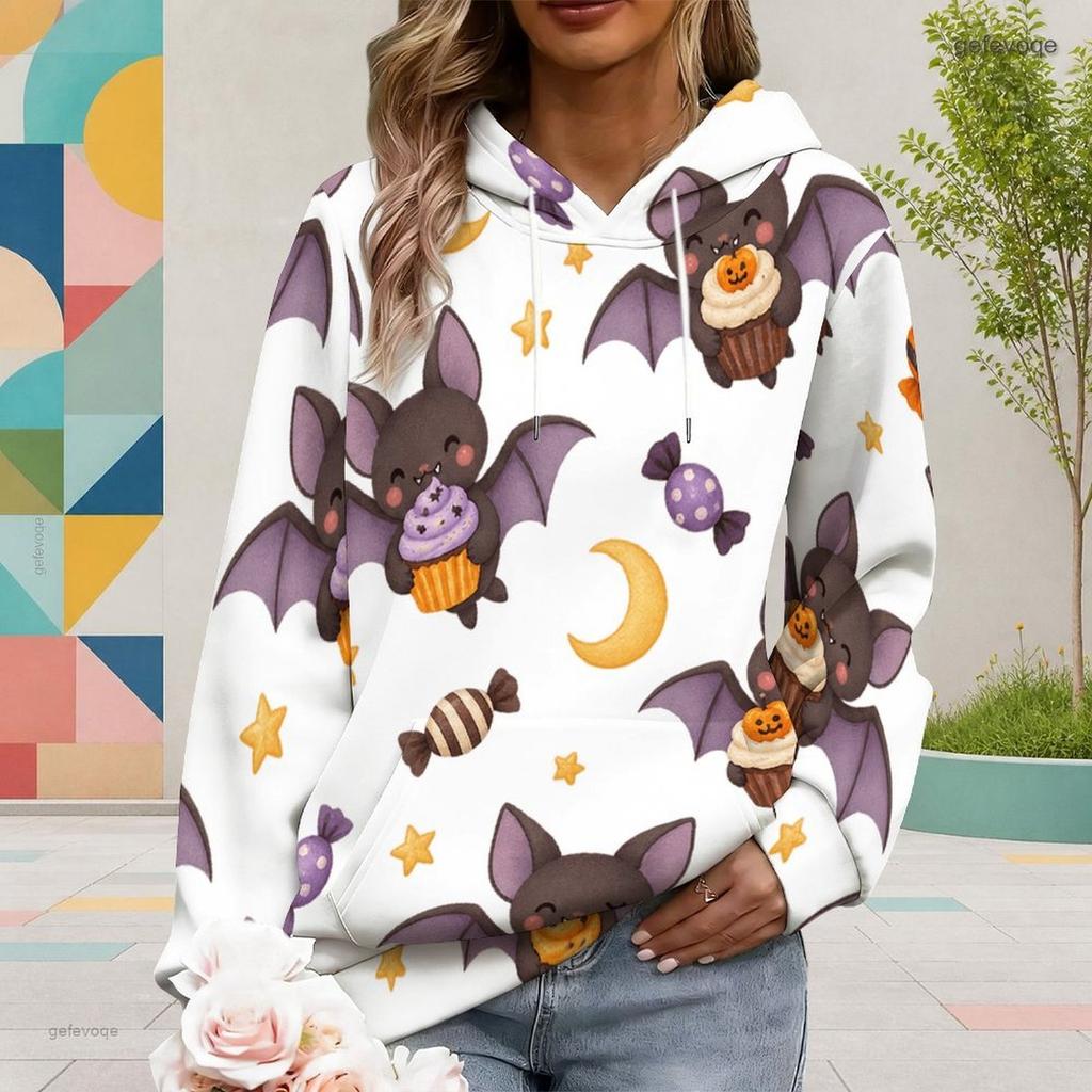 Women Plus Size Long Sleeve Drawstring Hoodie Cute Cartoon Bat Print White Kangaroo Pocket Pullover