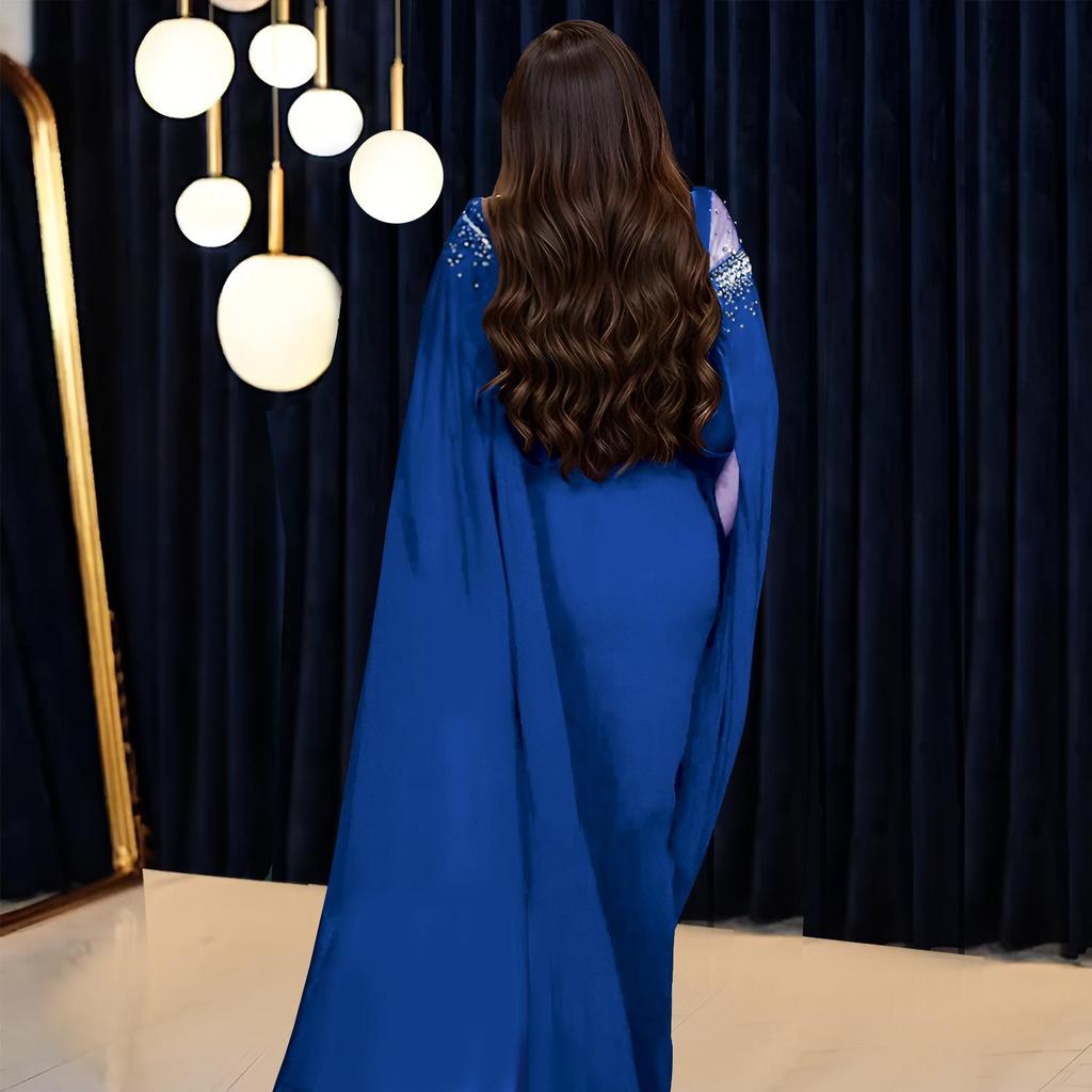 C7280 Suknia wieczorowa z szyfonu, siateczki, koralików i rękawów typu peleryna