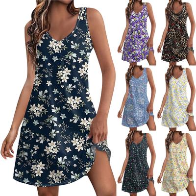 Vestido feminino casual estampado verão boêmio praia com bolsos vestido regata com decote em V