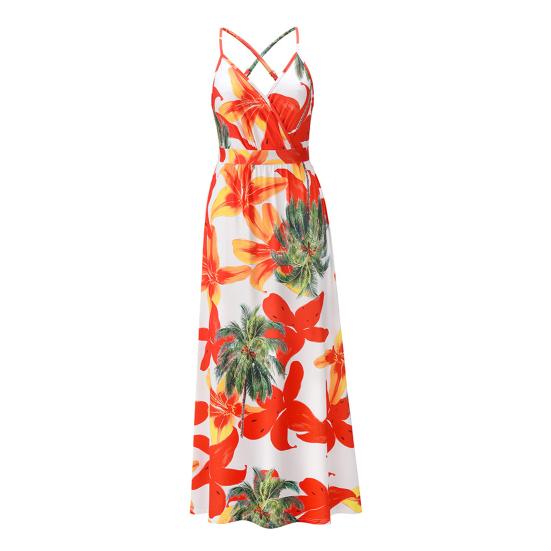 

Женское летнее платье макси без рукавов на тонких бретелях с V-образным вырезом, длинное платье в стиле бохо, тропическое, для пляжного отдыха, А-силуэта S красный
