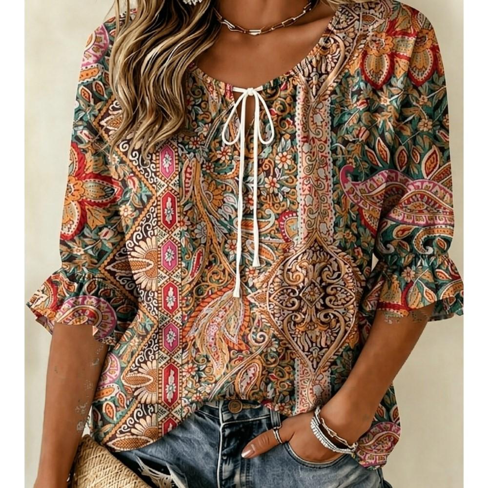 Women's Ethnic Paisley Print Tie Neck Blouse, Ruffled Half Sleeve Loose Top, Boho Casual Wear for Spring Summer