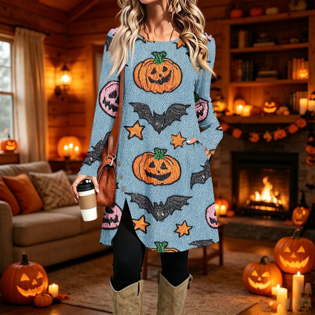 Women's Fashion Printed Round Neck Long Sleeve Dress for Casual Daily Wear