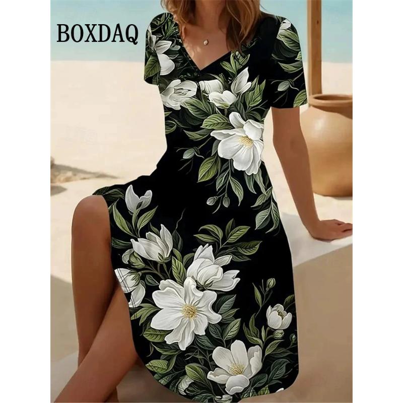 Vintage Summer Dress Women's V-Neck Flowers Printed Casual Beach Vacation Short-Sleeved Dress Loose Women Plus Size Dresses 6XL