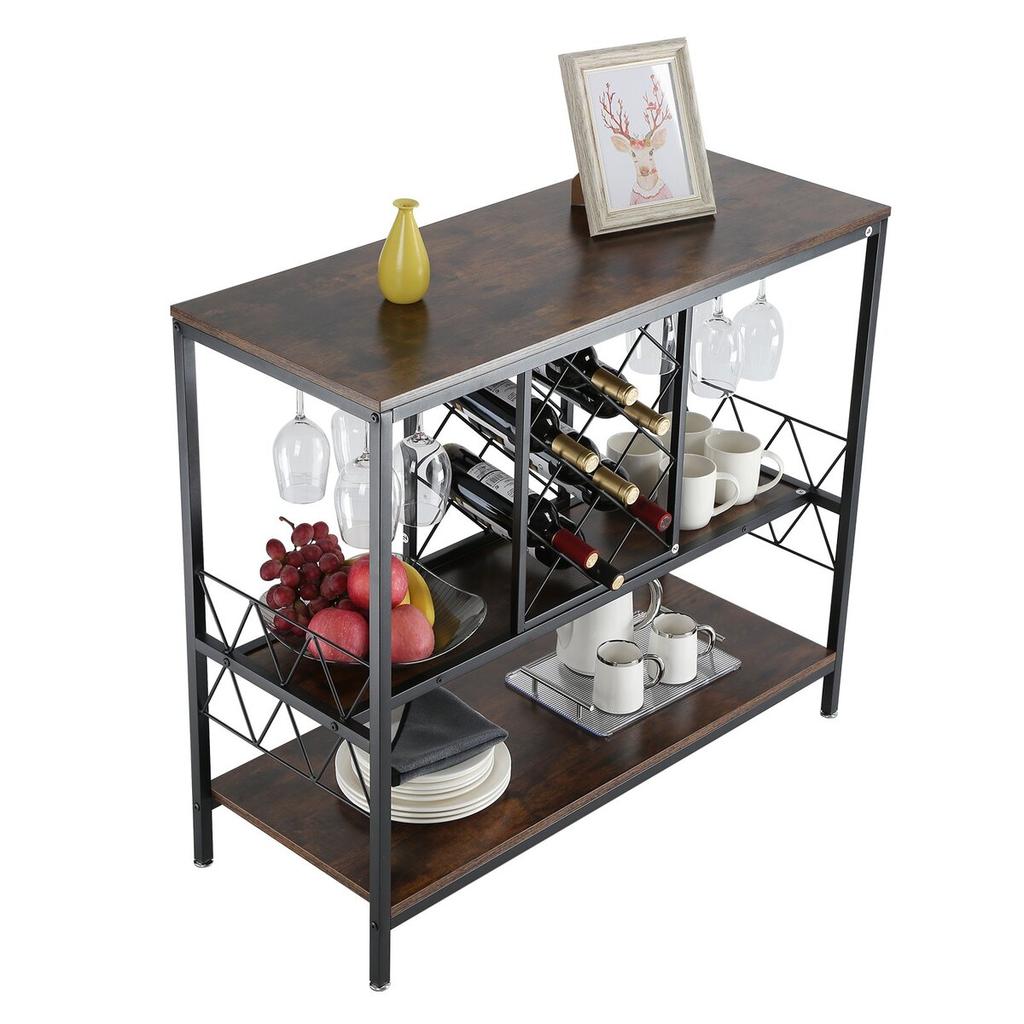 Armario Bar Industrial de 40 Pulgadas, Mesa de Vinos para Licores y Copas, Aparador Buffet con Soporte para Copas y Botellero, Madera Rústica Independiente