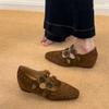 Soft Leather Version~ Retro Punk Style Inner Height Increase Double Buckle with Rivets Suede Mary Jane Shoes Fashionable Shallow Mouth Small Single Sh