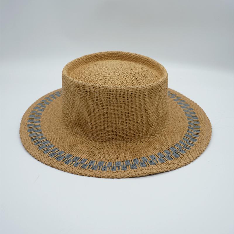 

Korean Japanese Blue Striped Woven Flat Top Top Top Hat Women S Summer Sunshade Sun Protection Beach Straw Hat Vacation Travel Tide M（56-58cm）