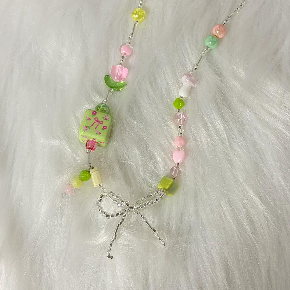 2026 Trendy Handmade Beaded Colorful acrylic Bowknot Star Pendant Necklace For Women Summer Y2k Sweet Aesthetic Neck Jewelry