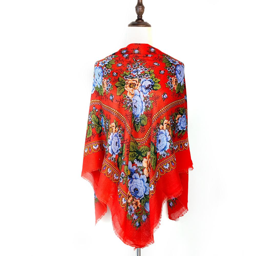 New Summer 120*120cm Soft Breathable Cotton Ethnic Vintage Russian Floral Fringed Square Scarf Shawl Muslim Hijab Tassel