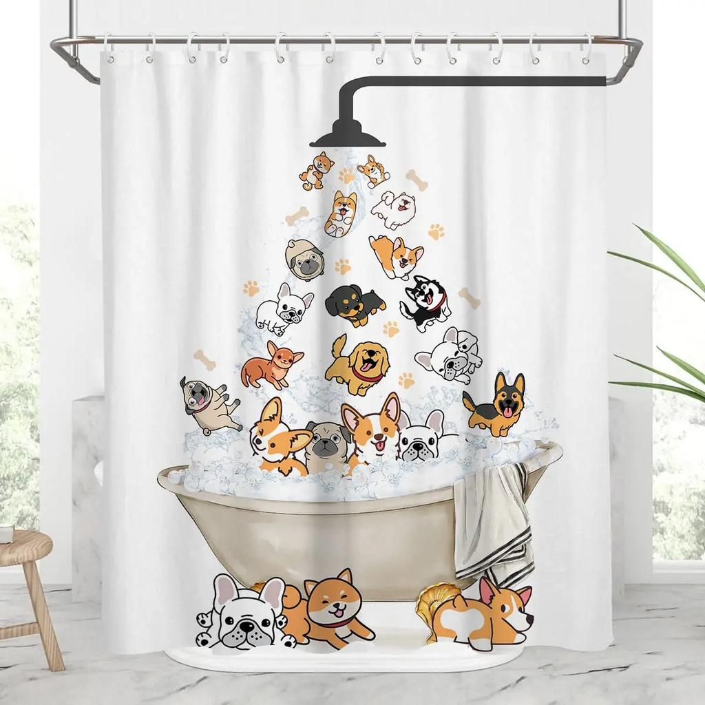 Funny Dog Shower Curtain Blue Ocean Shower Curtains with Animal Octopus Starfish Turtle Anchor Fish Nautical Bathroom Curtains