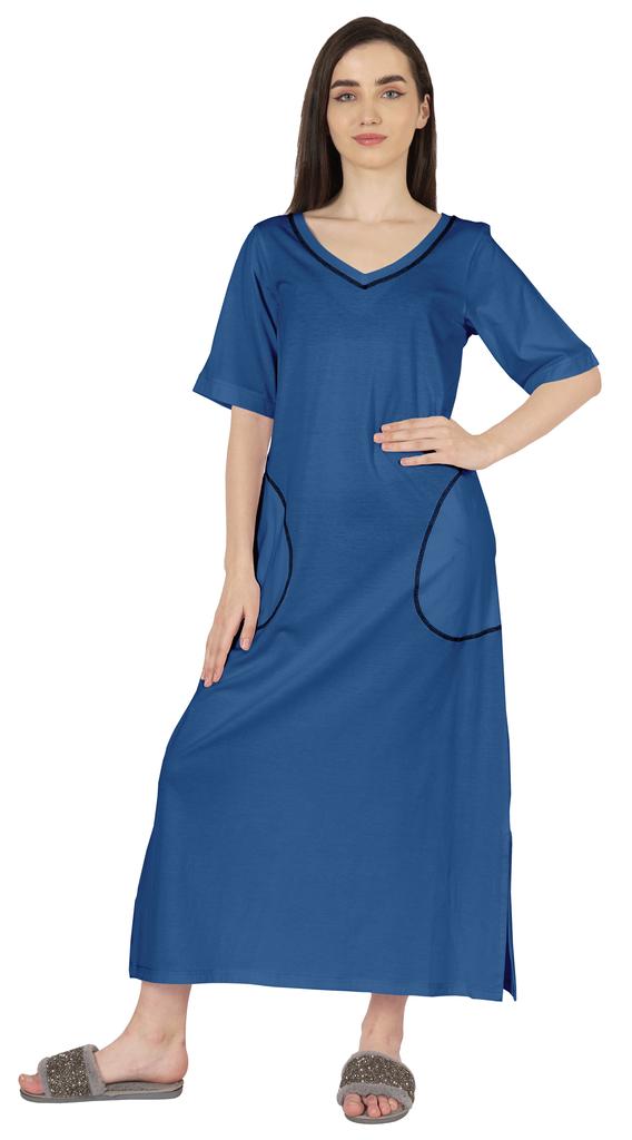 Inkmeso Solid Long Nightgown For Womens V-Neck Loungewear Casual Sleep Dress With