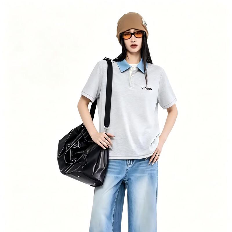 ICH MODE Women s Color-block Lapel Polo Shirt 2XL