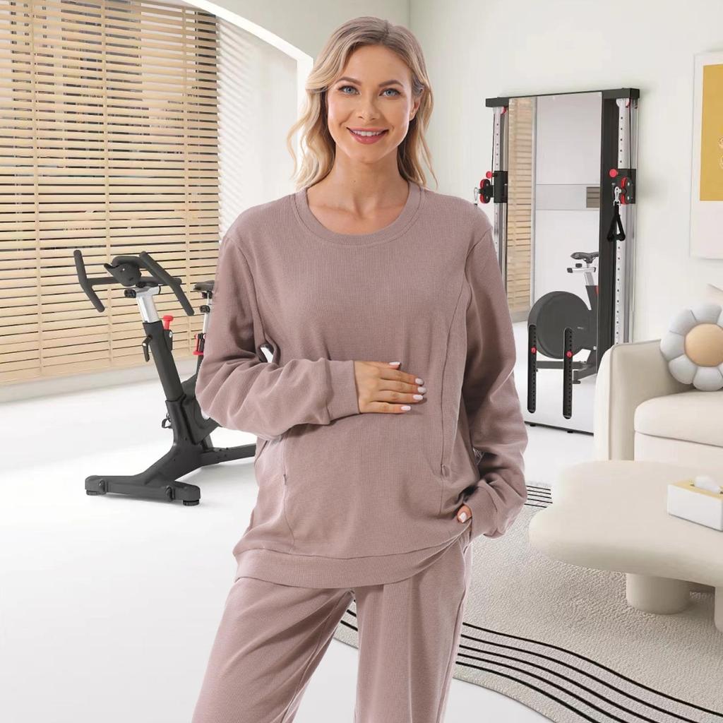 Maternity Fashion Spring/Autumn Two-Piece: Breastfeeding-Friendly Sweatshirt & Wide-Leg Pants Set for 2025