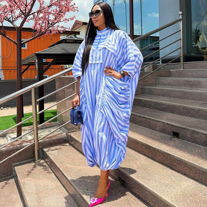 European and American women's clothing summer new fashion semi-turtleneck bat sleeve loose pocket striped dress dress