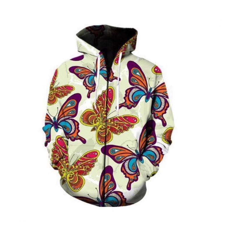 Mens Hooded Zip-Up Sweatshirt With 3D Butterfly Print Stand-Up Collar Front Patch Pockets Loose Fit Fall Casual Wear