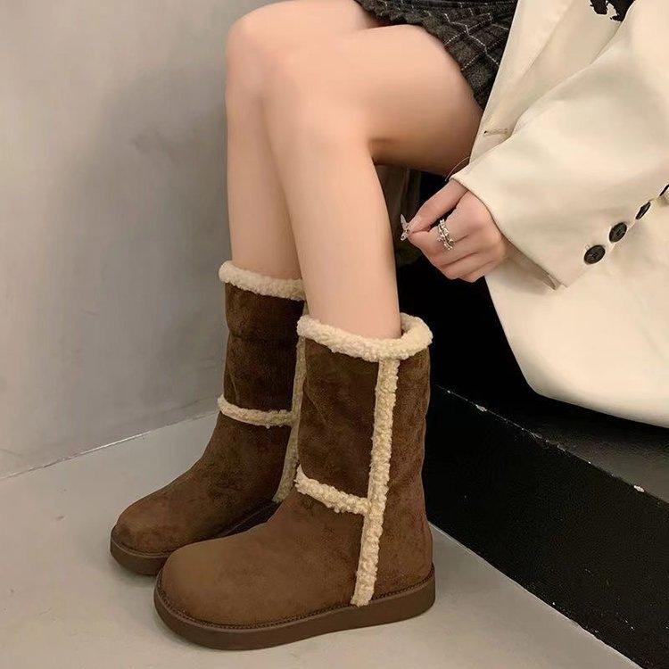 Foreign suede lamb wool medium tube short boots women's two wear autumn and winter 2025 new velvet warm and thin snow boots